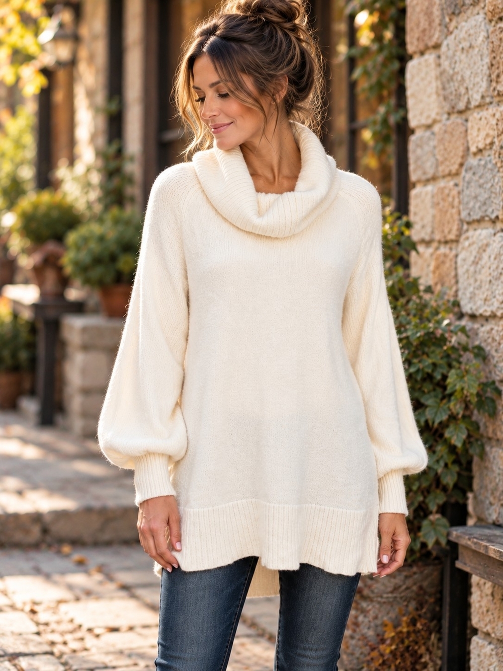 Anthropologie Ivory Cowl Neck Oversized Tunic Sweater Size Small